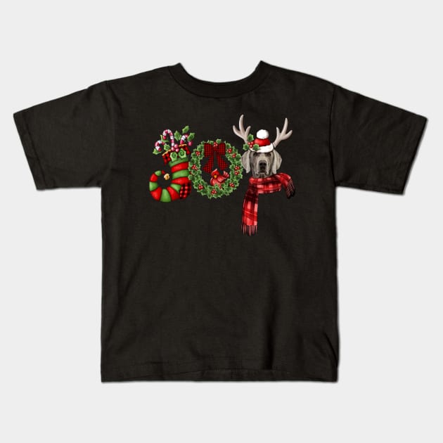 Christmas Joy Dwarf Stocking Reindeer Weimaraner Kids T-Shirt by Marcelo Nimtz